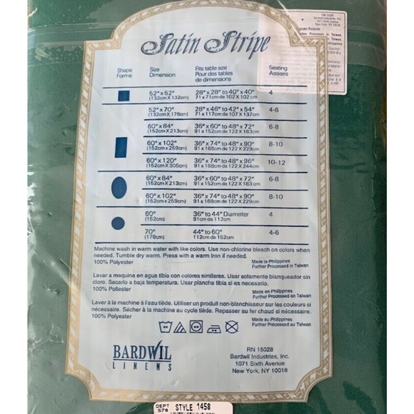Bardwil Linens Tablecloth Satin Stripe Green Stain Release 60" x 140" Oblong - Picture 4 of 5